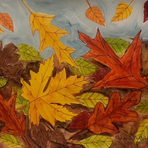 HAND CRAFTED Colorful Fall Leaves Watercolor Painting - Picture 1 of 6